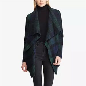 Ralph Lauren Women’s Navy Blue and Green Plaid Wool Cardigan Sweater, PS